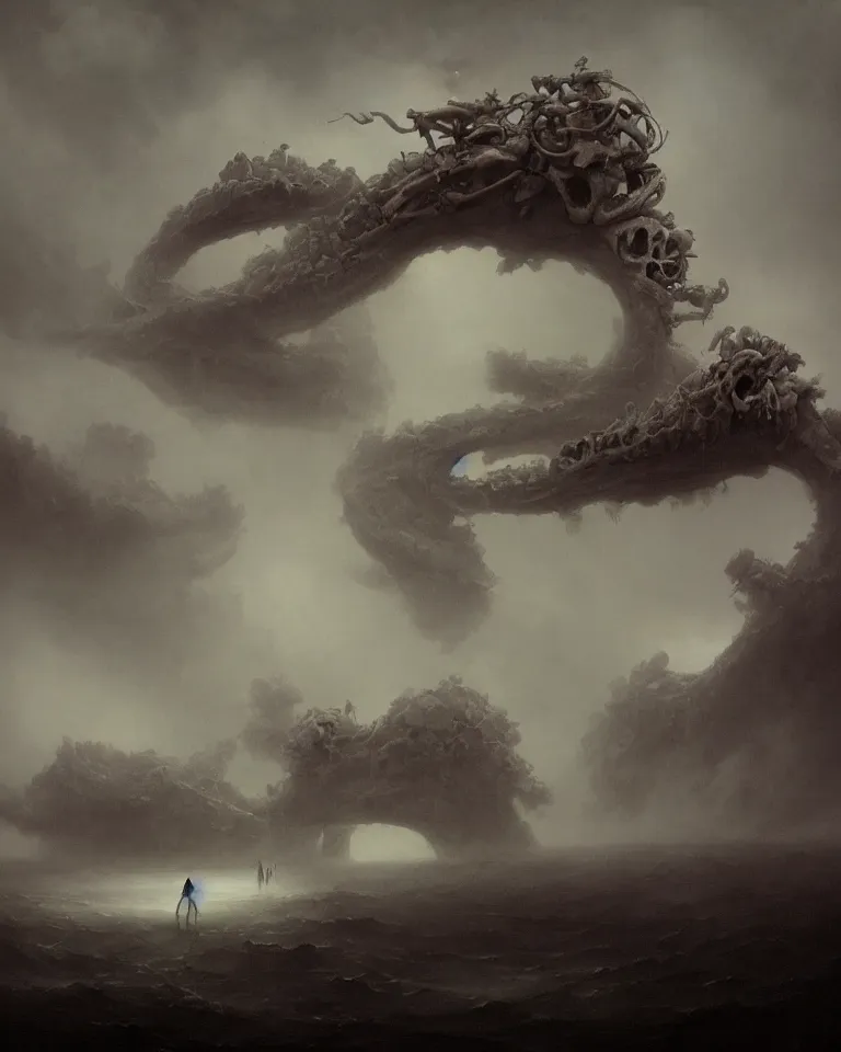 Image similar to a surreal english national opera set by by ross tran and ivan aivazovsky. skulls, big bones, eerie, somber tone. by beeple beksinski. surreal architecture, bizzare landscape, precisionism