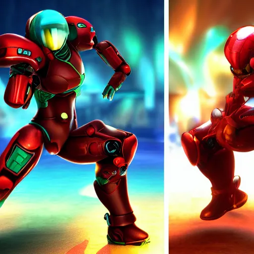 Image similar to samus aran as a ninja vs a metroid as a samurai in 4 k cgi