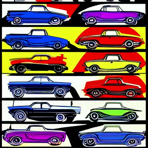 Image similar to a set of cars designed by andy warhol, digital art