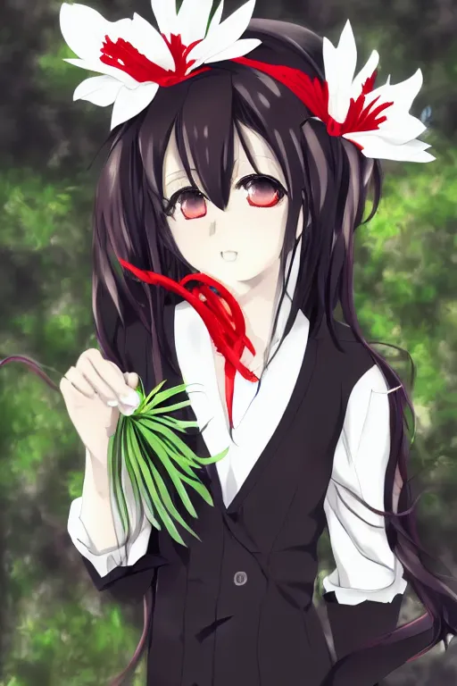 Image similar to Key anime visual of a beautiful girl with black hair and red eyes holding a spider lily; wearing white blouse with black tie; trending on Pixiv; digital art