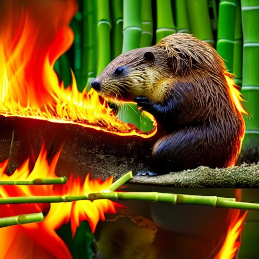 Prompt: wildlife photography of a beaver chewing a green bamboo shoot, surrounded by flames and lava, f / 1. 8, soft focus, 8 k, national geographic, award - winning photograph by nick nichols and nick brandt