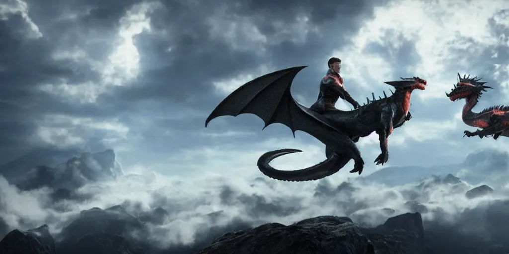 Prompt: a cgi film render of a dragon and ellon musk riding on it in a superhero suit. In the clouds, cinematic, detailed 1000K, dark, inspiring