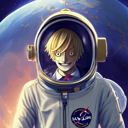 Image similar to sanji in a astronaut suit and sanji, black tuxedo, intricate, sanji, highly detailed, digital painting, artstation, concept art, smooth, sharp focus, illustration, sanji, unreal engine 5, 8 k, art by artgerm and greg rutkowski and alphonse mucha