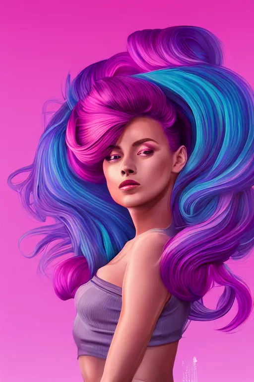 Image similar to a award winning half body porttrait of a beautiful woman in a croptop with ombre purple pink teal hairstyle with head in motion and hair flying, outrun, vaporware, shaded flat illustration, digital art, trending on artstation, highly detailed, fine detail, intricate