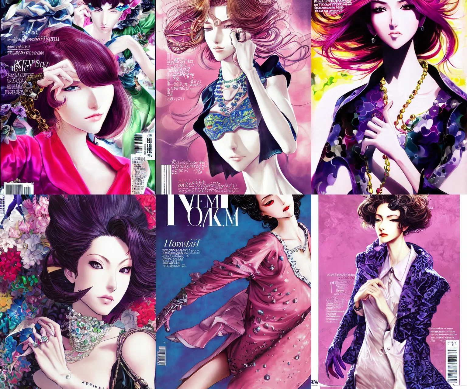 Prompt: medium shot of a woman, beautiful, elegant, fashion, colorful, artstation, trending, highly detailed, focus, smooth, fashion magazine cover, posing, by hirohiko araki and yoshitaka amano