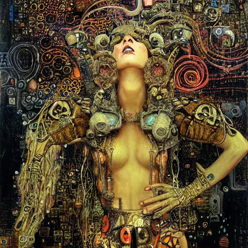 Image similar to depraved cybernetic demon, lsd, circuitry, intricate detail, klimt, royo,