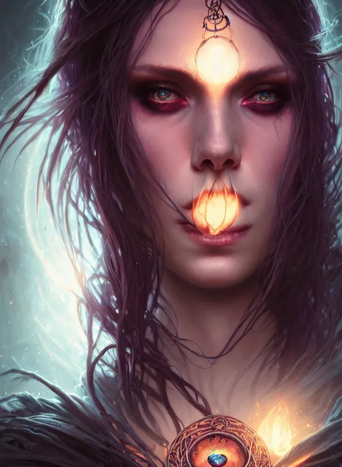 Image similar to Necromancer Sorceress face close-up macro in center, fantasy magic, undercut hairstyle, dark light night, intricate, elegant, sharp focus, illustration, highly detailed, digital painting, concept art, matte, art by WLOP and Artgerm and Greg Rutkowski and Alphonse Mucha, masterpiece