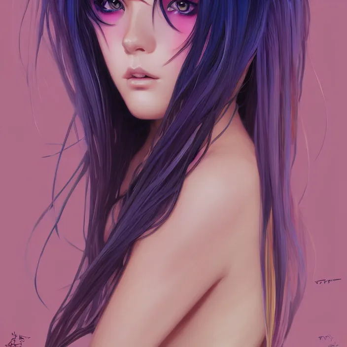 Image similar to portrait of beautiful symmetrical anime girl, rainbow hair, attractive, casual, modern, victoria's secret, highly detailed, digital painting, artstation, concept art, smooth, sharp focus, illustration, art by moebius artgerm, greg rutkowski and alphonse mucha, 8 k,