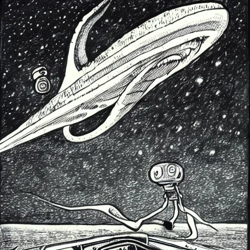 Image similar to drawing of a giant squid attacking a spaceship above an alien landscape, vintage sci-fi, nineteen seventies, pulp style, highly detailed, by Roland Topor