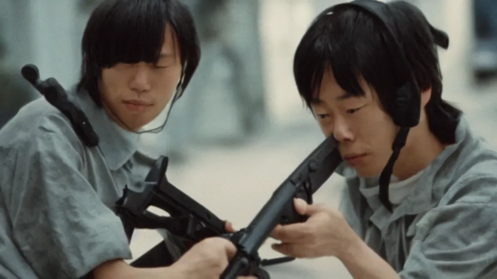 Prompt: Still from a Shunji Iwai movie about playing Counter Strike, 35mm film, ethereal, strong blues