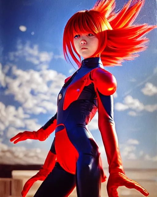 Image similar to asuka langley soryu wearing plugsuit, award winning photograph, radiant flares, realism, lens flare, intricate, various refining methods, micro macro autofocus, evil realm magic painting vibes, hyperrealistic painting by michael komarck - hollywood cosplay