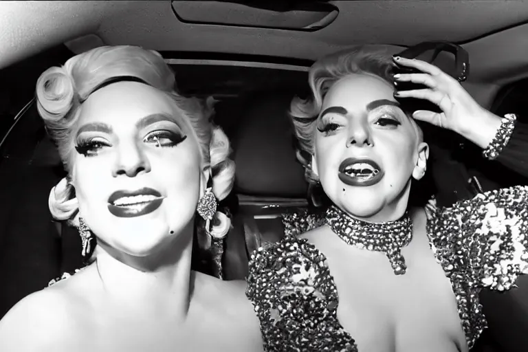 Image similar to lady gaga and judy garland doing carpool karaoke, lady gaga and judy garland, carpool karaoke, lady gaga, judy garland, carpool karaoke, youtube video screenshot, the late late show with james corden