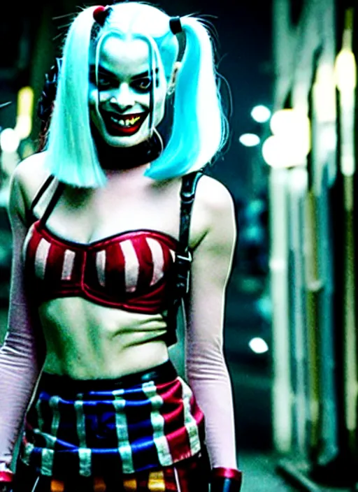 Image similar to 2 8 mm photo of beautiful suicide squad happy margot robbie with long white hair that looks like harley quinn standing on the wet street of dystopian gotham city at night, angry frown, seductive camisole, pinup model, glamour fashion pose, cinematic, volumetric lighting octane, ridley scott,
