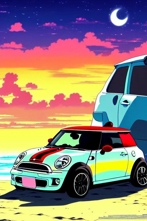 Image similar to anime art vehicle concept art, anime key visual of mini cooper s, at sunset at a beach, trending on pixiv fanbox, studio ghibli, extremely high quality artwork