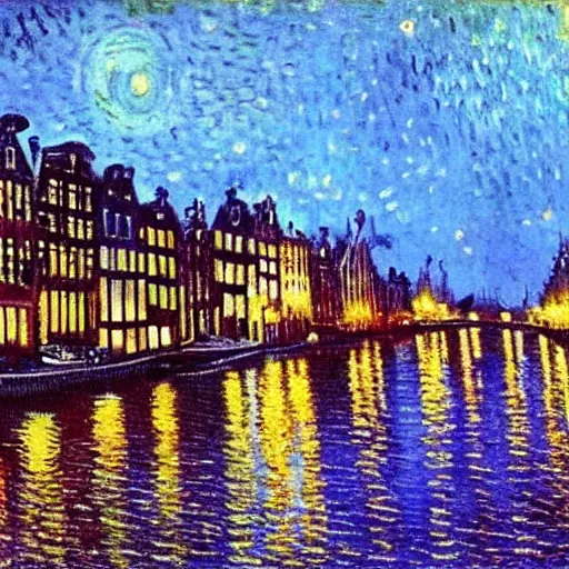 Prompt: amsterdam by night, oil on canvas by Van gogh