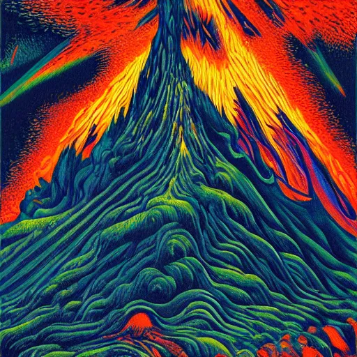 Prompt: vulcano, lava, trees on fire, surreal by dan mumford and umberto boccioni, oil on canvas