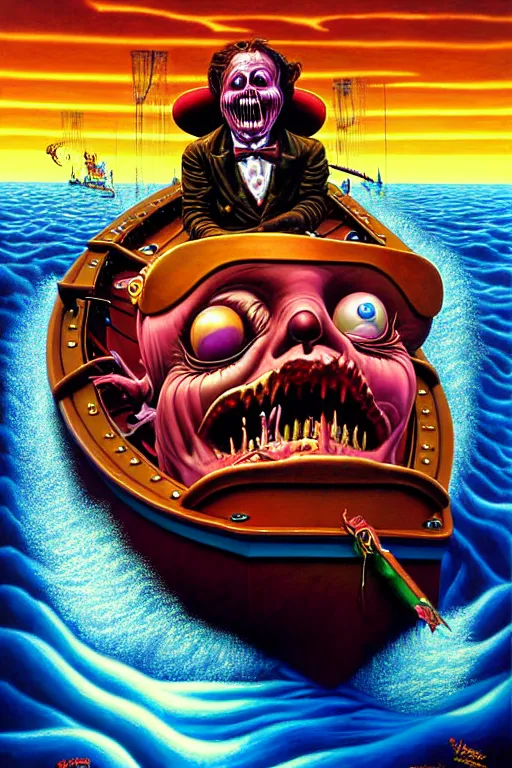 Prompt: a hyperrealistic painting of willy wonkas scary boat ride, cinematic horror by jimmy alonzo, the art of skinner, chris cunningham, lisa frank, richard corben, highly detailed, vivid color,