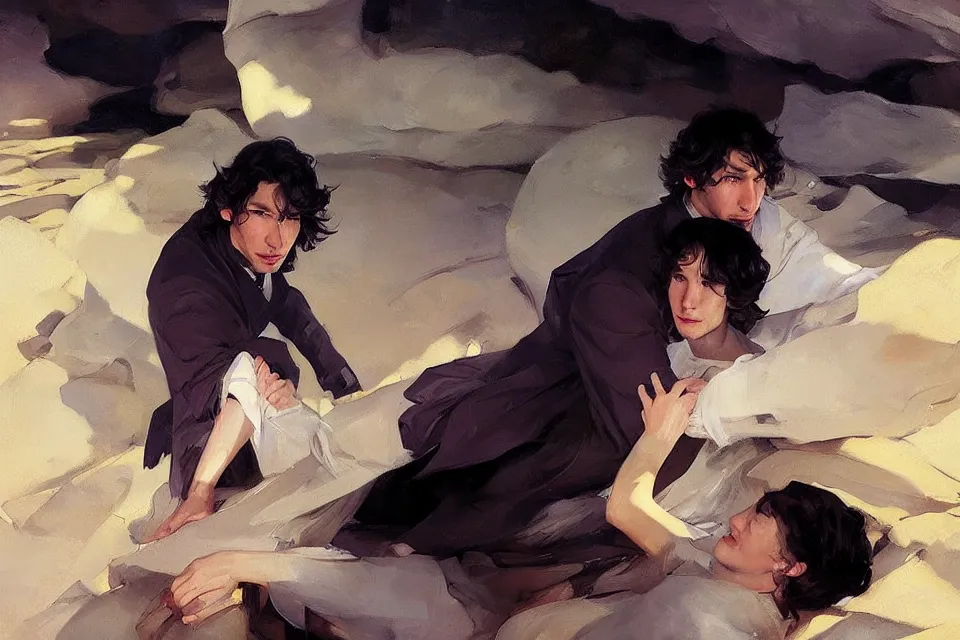 Image similar to ben solo and rei holding each other in a large dark cave, tired, sad, muted colors, painted by krenz cushart, by joaquin sorolla rhads leyendecker, by ohara koson