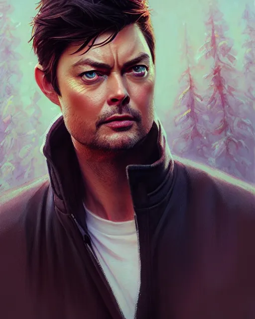 Image similar to karl urban!, audrey plaza, realistic shaded perfect face, fine details. anime. magali villeneuve, artgerm, jeremy lipkin and michael garmash and rob rey, ilya kuvshynov