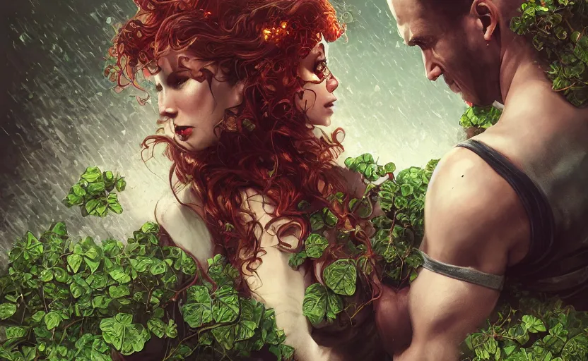 Image similar to poison ivy and Bane battle pose, illustration, realistic eyes, artstation, cinematic lighting, hyperdetailed, detailed realistic symmetrical eyes, cgsociety, 8k, high resolution, Charlie Bowater, Tom Bagshaw, Norman Rockwell, insanely detailed and intricate, prison background