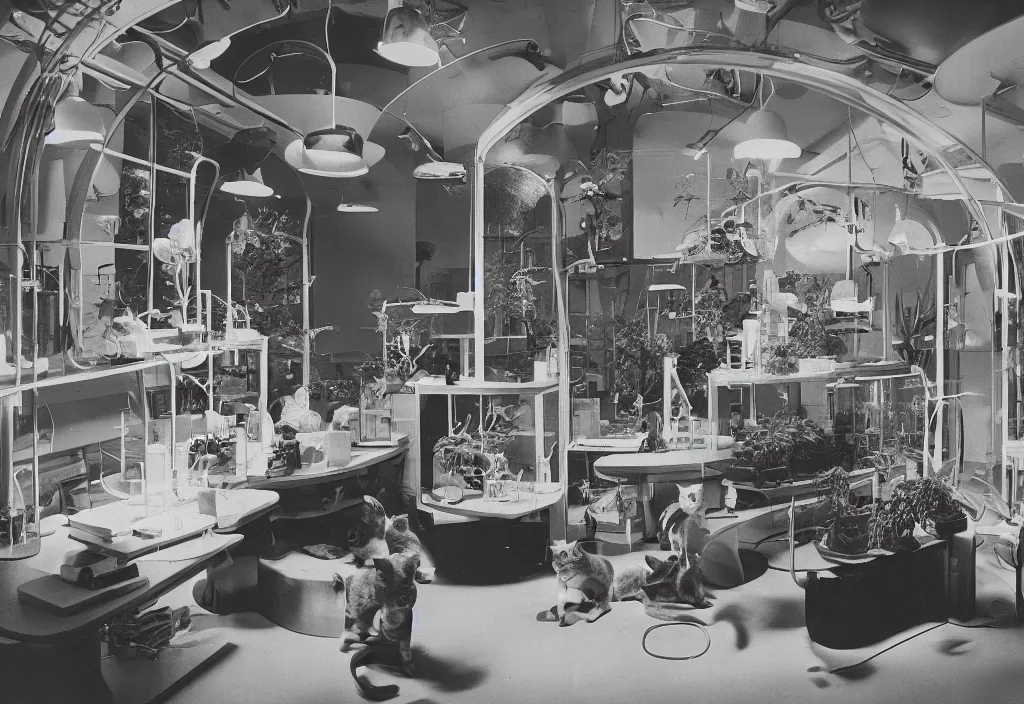 Prompt: 1970s interior magazine photo of a science lab with glowing lava lamps, at dusk, with kittens and scientists in lab coats, wooden walls with framed art, and a potted cactus and some hanging plants, with dappled light coming in through a circular window