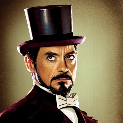 Prompt: portrait of iron man wearing a top hat and a monocle, old style photo, focused, realistic, film grain, muted background