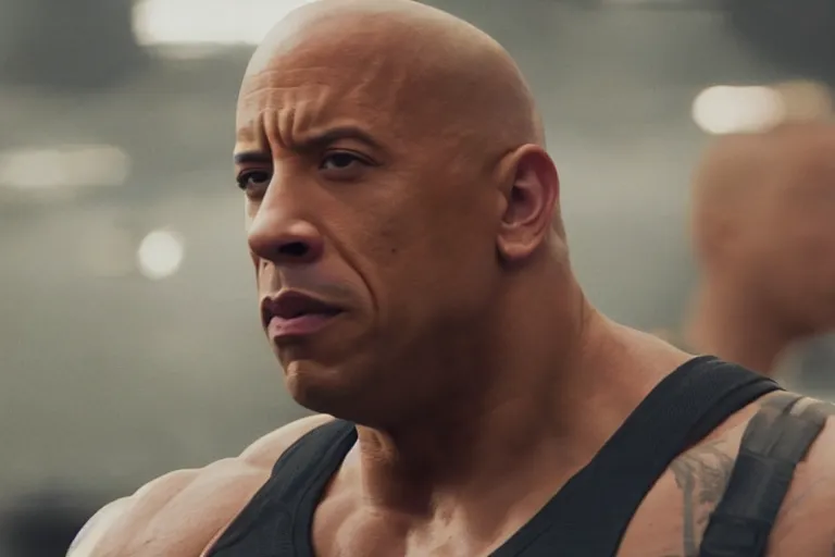 Image similar to vin diesel as dwayne johnson flexing and yelling let's go!, fast furious, low isometric perspective, cinematic still, movie still, long lens, shallow depth of field, bokeh, anamorphic lens flare, 8 k, hyper detailed, 3 5 mm film grain