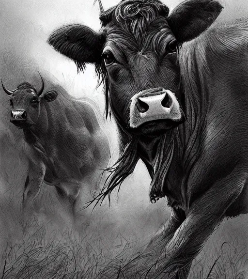 Image similar to beautiful cow pie black and white drawing, in the style of greg rutkowski, fantasy, amazing detail, epic, intricate, elegant, smooth, sharp focus