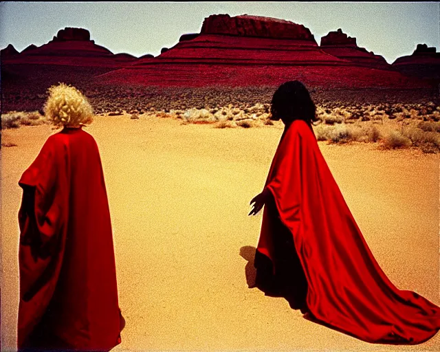 Image similar to by bruce davidson, by andrew boog faithfull redscale photography evocative. a mystical woman in scarlet robes, conical hot in front of a desert mesa.