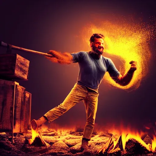 Image similar to a very strong blacksmith swinging his hammer he is made of psychedelic dust clouds dancing in the wind, hyper realistic, roaring fire, midday, realistic lighting, psychedelic dust, psychedelic dust, psychedelic dust, Very strong Blacksmith, photo realistic, 4k