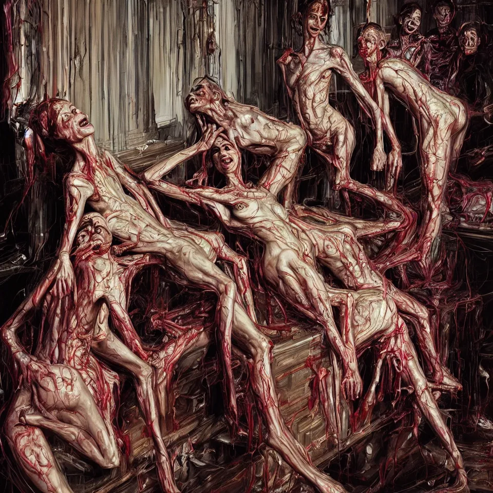 Image similar to bright realistic anorexic cult turning into gods and deamons and smiling franticly, old apartment, rotten flesh, diffuse lighting, fantasy, intricate, elegant, highly detailed, lifelike, photorealistic, digital painting, artstation, illustration, concept art, smooth, sharp focus, art by francis bacon and jenny saville