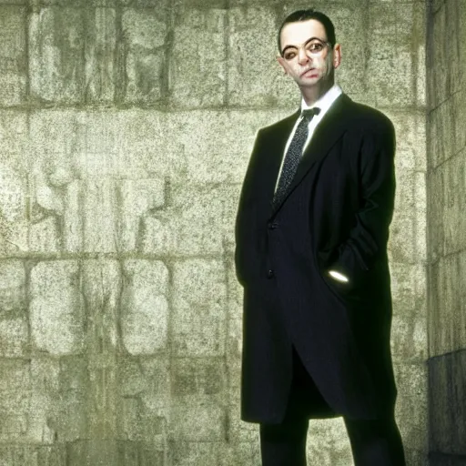 Image similar to rowan atkinson as agent smith from the matrix