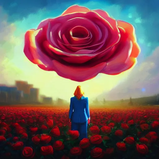 Image similar to closeup, giant rose flower face, frontal, girl in a suit, surreal photography, sunrise, blue sky, dramatic light, impressionist painting, digital painting, artstation, simon stalenhag