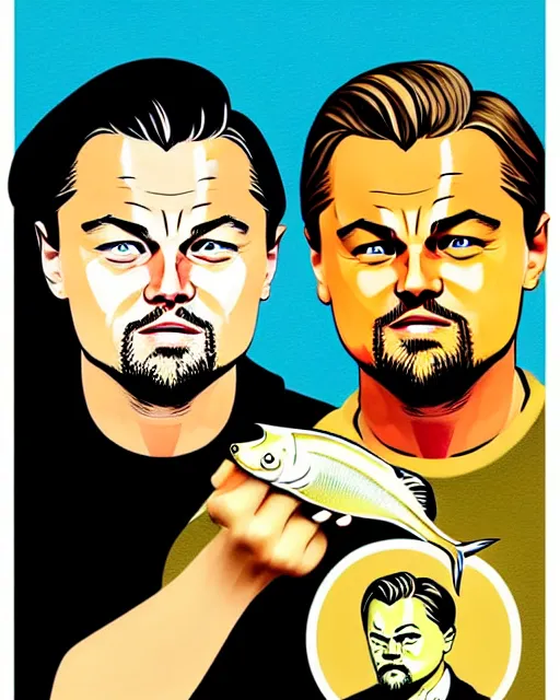 Image similar to painting portrait of leonardo dicaprio and a carp, cartoon, warm lighting, leonardo dicaprio has a carp. leonardo dicaprio and a carp fish. movie poster, illustration by bartek fedyczak, erak note, tooth wu, neil richards, kan liu, siwoo kim, jisu choe, trending on art station