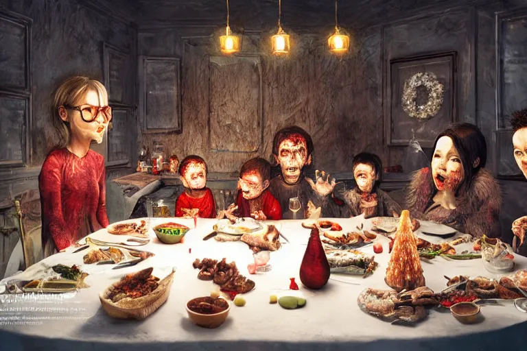 Image similar to a zombie family christmas dinner by ross tan, hyper realistic, ambient lighting, concept art, intricate, hyper detailed, smooth, dynamic volumetric lighting, octane, cinematic