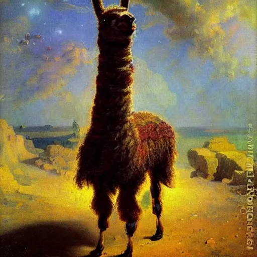 Image similar to detailed space portrait of a llama with dreadlocks, realistic creature concept, heroic pose, glowing starts in background, Ilya Repin oil painting