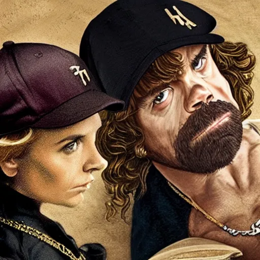 Image similar to Tyrion Lannister wearing a black baseball cap with a gold necklace that spells LEONIE, looking hiphop style painting