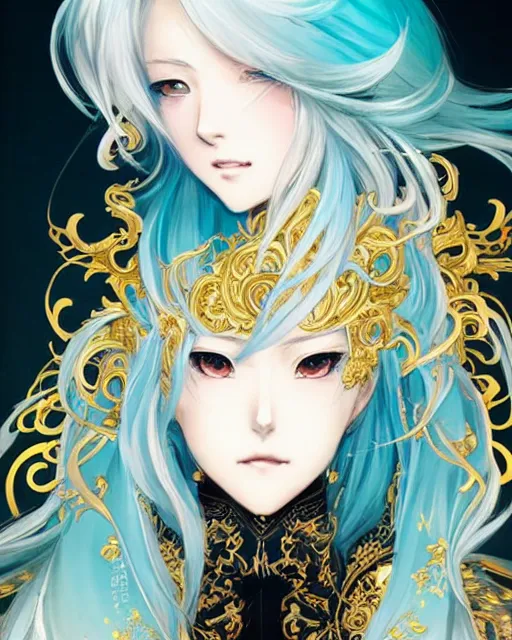 Prompt: beautiful anime portrait of a female fighter!! long white hair! teal eyes! fighting stance!!!! intricate ornate gold and black outfit!!! elegant, artbook, fine details by stanley artgerm lau, wlop, rossdraws, james jean, andrei riabovitchev, marc simonetti, and sakimichan, trending on artstation