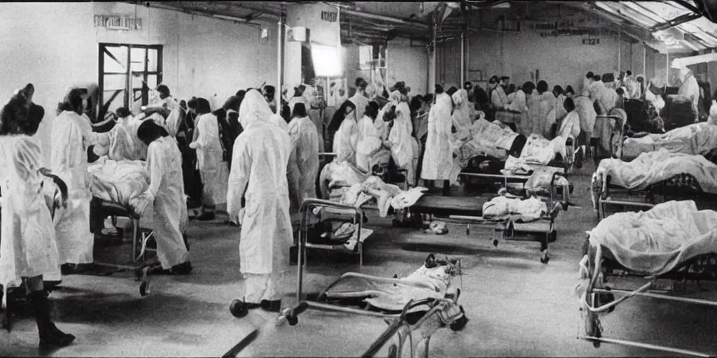 Prompt: An overcrowded disgusting hospital with bad standards, plague, bodies, horror movie, the outbreak can't be contained, 1950's