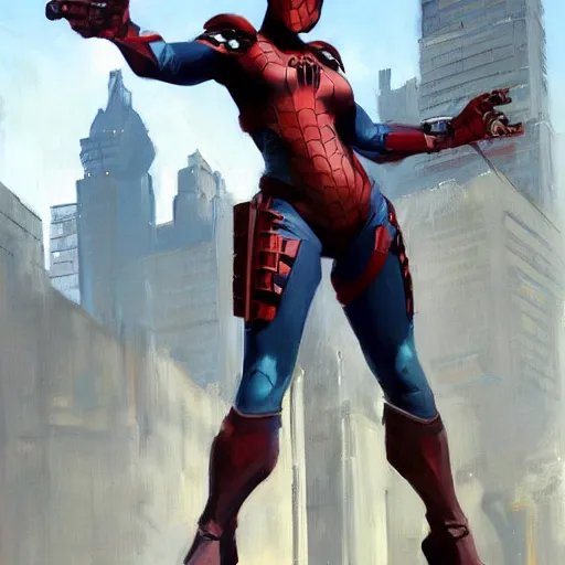 Image similar to greg manchess portrait painting of partially armored female iron spiderman as overwatch character, medium shot, asymmetrical, profile picture, organic painting, sunny day, matte painting, bold shapes, hard edges, street art, trending on artstation, by huang guangjian, gil elvgren, ruan jia, greg rutkowski, gaston bussiere