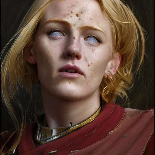 Prompt: an portrait of an happy female celt, blonde hair, lip scar, freckles, detailed, centered, digital painting, artstation, concept art, donato giancola, Joseph Christian Leyendecker, WLOP, Boris Vallejo, Breathtaking, 8k resolution, extremely detailed, beautiful, establishing shot, artistic, hyperrealistic, beautiful face, octane render