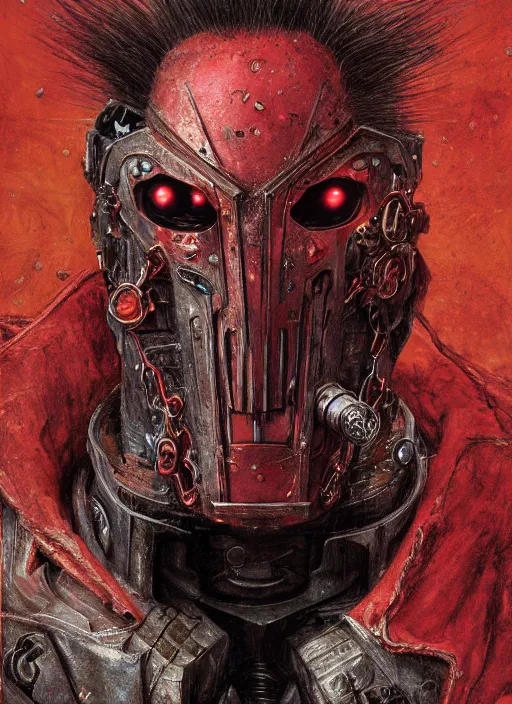 Image similar to portrait of rotten Nicolas Cage as adeptus mechanicus in red hood and robe from Warhammer 40000. Highly detailed, artstation, illustration by and John Blanche and zdislav beksinski and wayne barlowe and Gustav Klimt