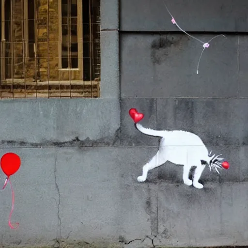 Image similar to a cat trying to catch a balloon on concrete, by banksy