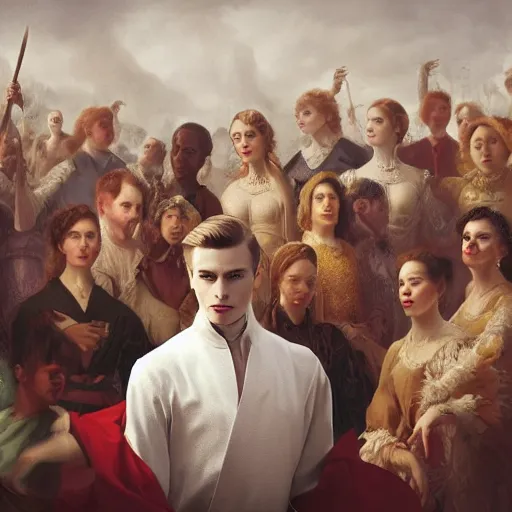 Image similar to portrait of a regal prince with sharp cheekbones, white clothes, high collar, surrounded by a crowd of peasants, modern digital art, matte painting