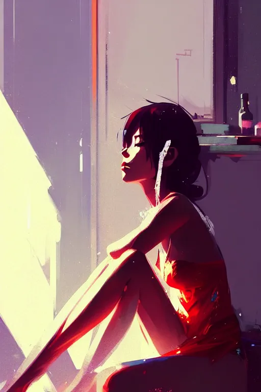 Image similar to a ultradetailed beautiful panting of a stylish woman sitting in a messy apartment, by greg rutkowski, conrad roset and makoto shinkai, trending on artstation