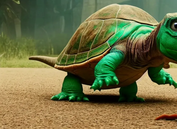 Image similar to film still of real life dinosaur turtle yoshi in the new sci - fi movie, 8 k