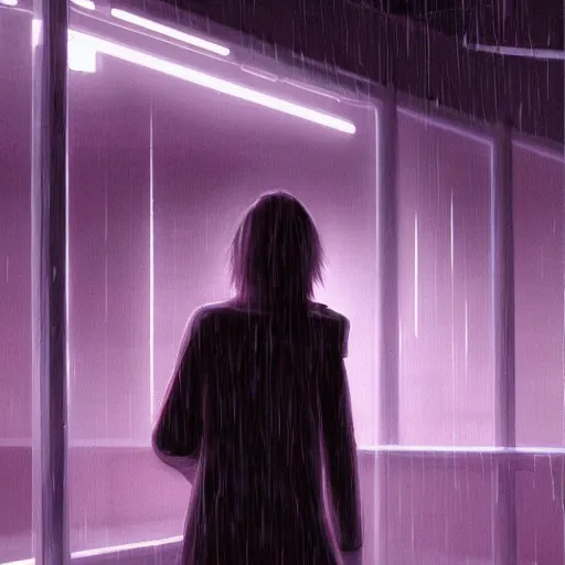 Prompt: a beautiful painting artwork of a woman on a rainy night, cyberpunk, by ilya kuvshinov featured on artstation