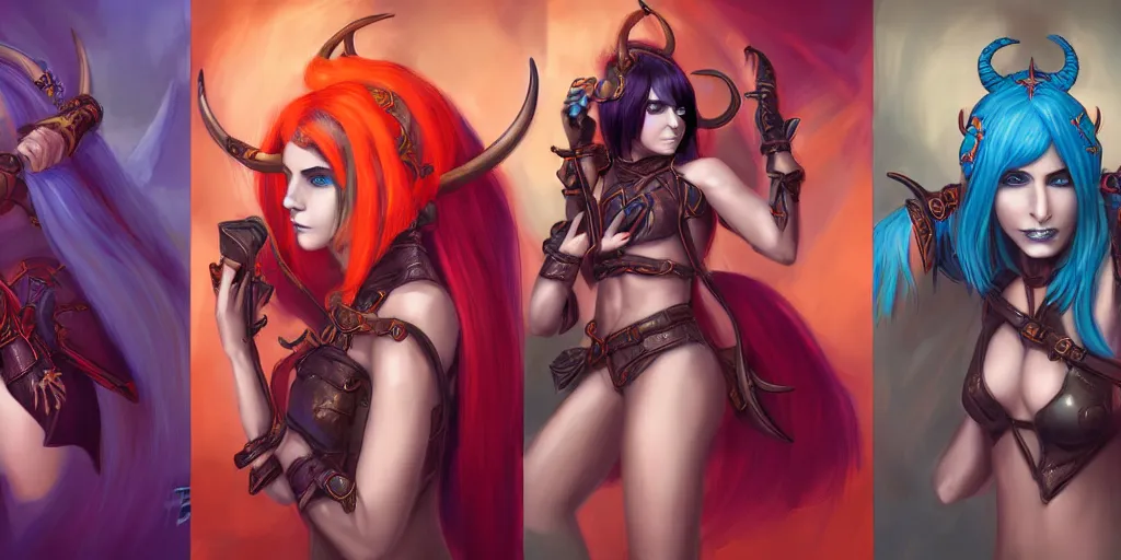 Image similar to triptych of youthful female feminine horned tiefling female bard with long blue bob cut hairstyle, her skin is orange and tanned, and her eyes are pure black orbs, and she is wearing colorful leather armor by rossdraws,