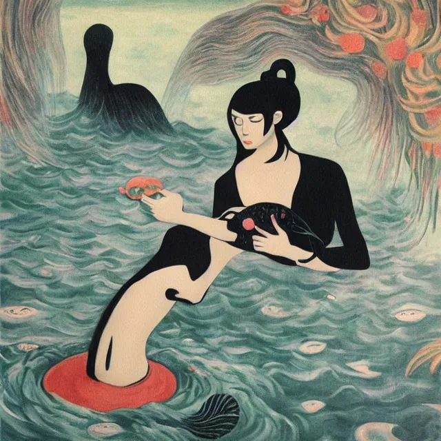 Image similar to tall emo female artist holding a mermaid in her flooded kitchen, pomegranates, octopus, water gushing from ceiling, painting of flood waters inside an artist's apartment, a river flooding indoors, ikebana, zen, rapids, waterfall, black swans, canoe, berries, acrylic on canvas, surrealist, by magritte and monet