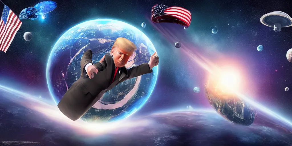 Prompt: donald trump in space album art, volumetric lighting, award - winning, perfection, ambitious, ambient occlusion, vibrant, 4 k hd, grainy, painting